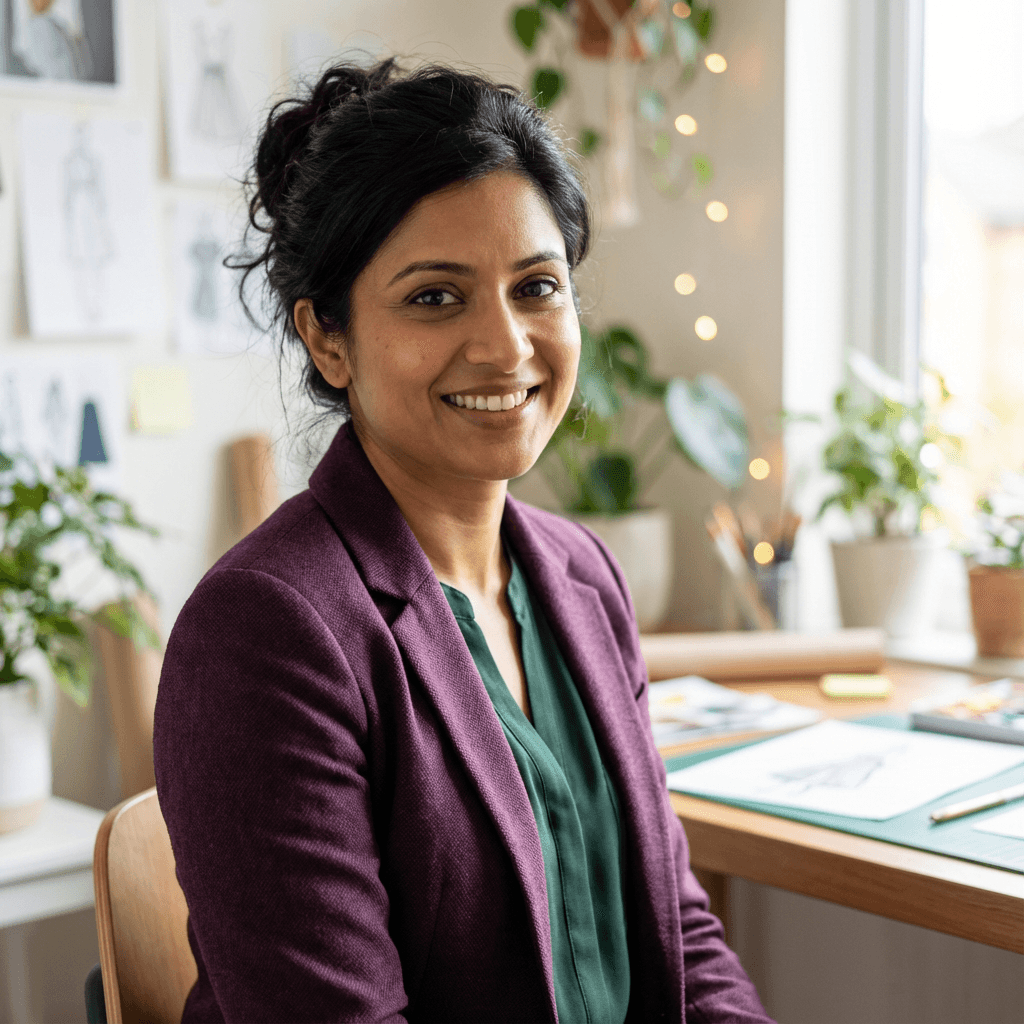 Woman smiling warmly at a decorated birthday party table