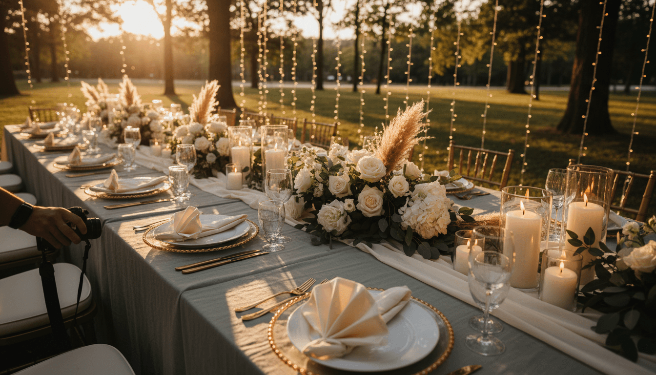 Elegantly set outdoor event table with floral centerpieces at golden hour