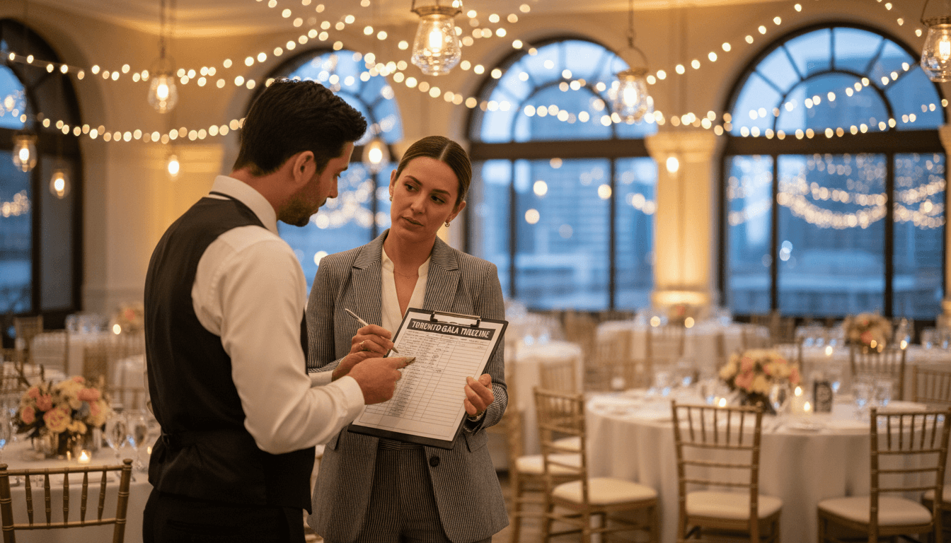 Event planner reviewing schedule with venue coordinator at an elegant Toronto event