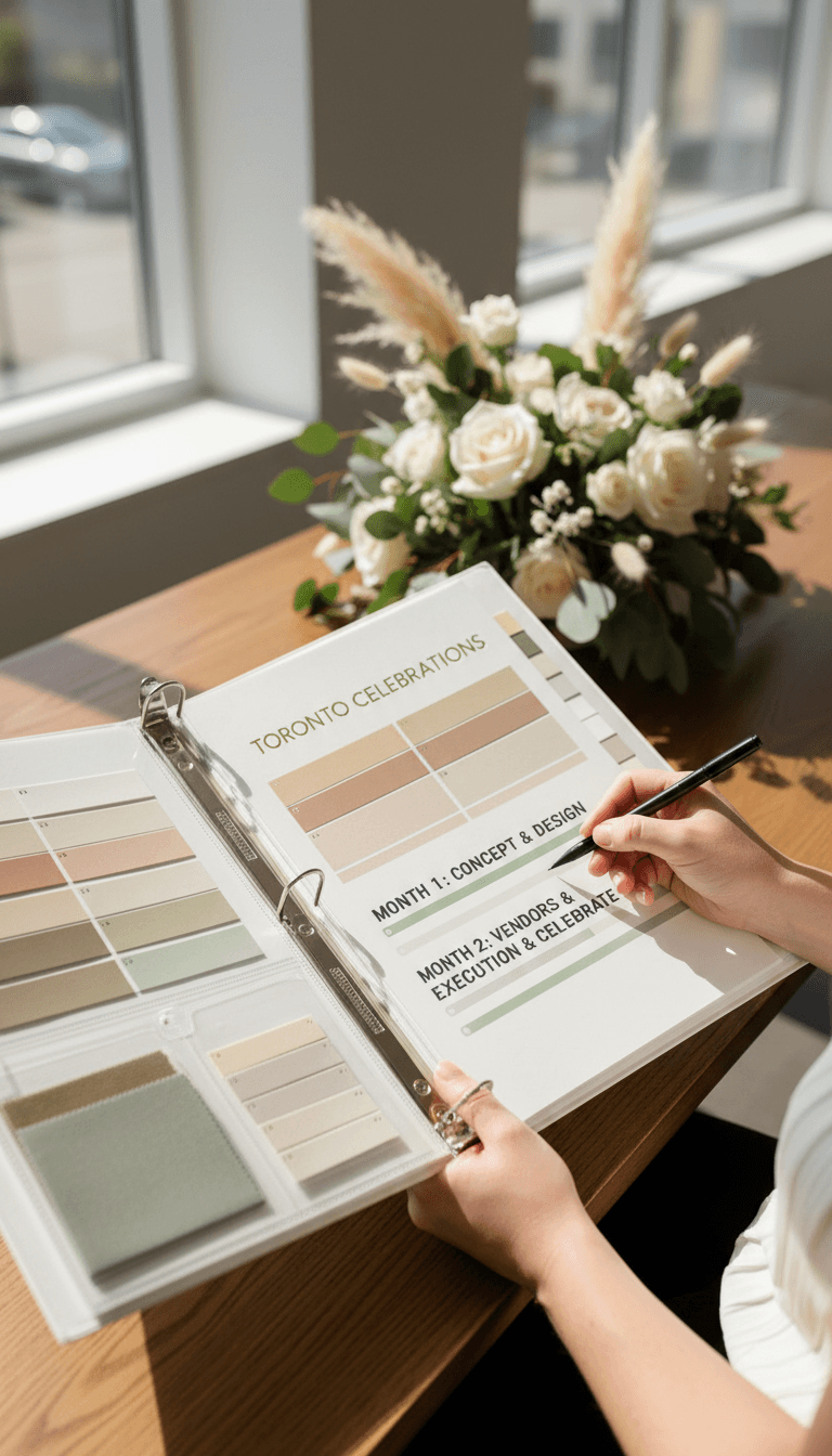 Planning binder with timeline and color swatches at a Toronto venue