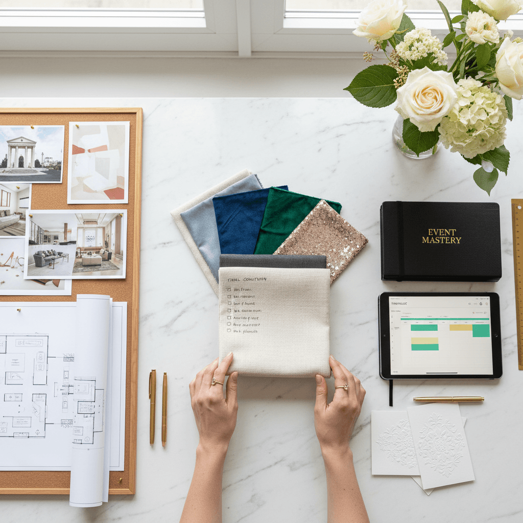 Event planner reviewing a detailed timeline and seating chart at a planning table