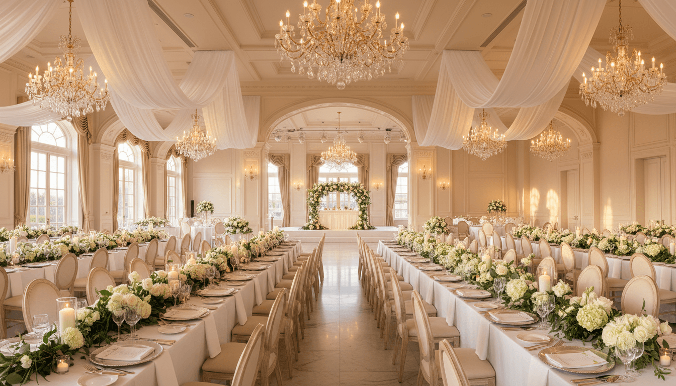 Elegant wedding reception setup with floral centerpieces and soft natural light