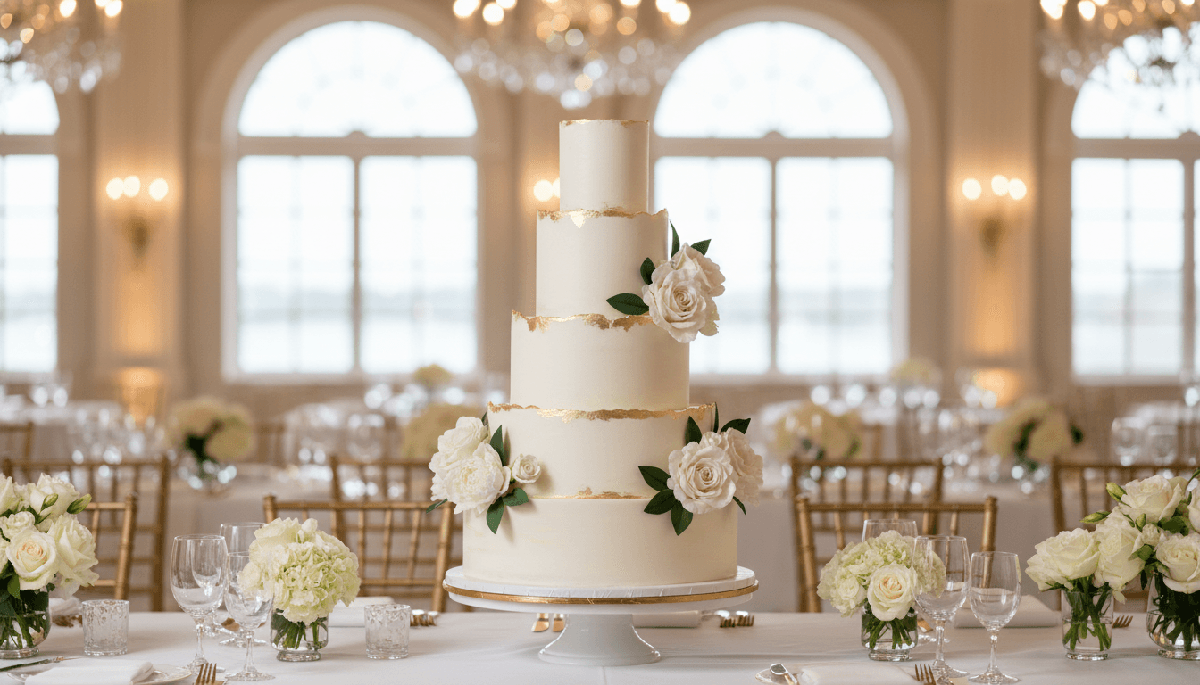 Ornate wedding cake display with candlelight and greenery