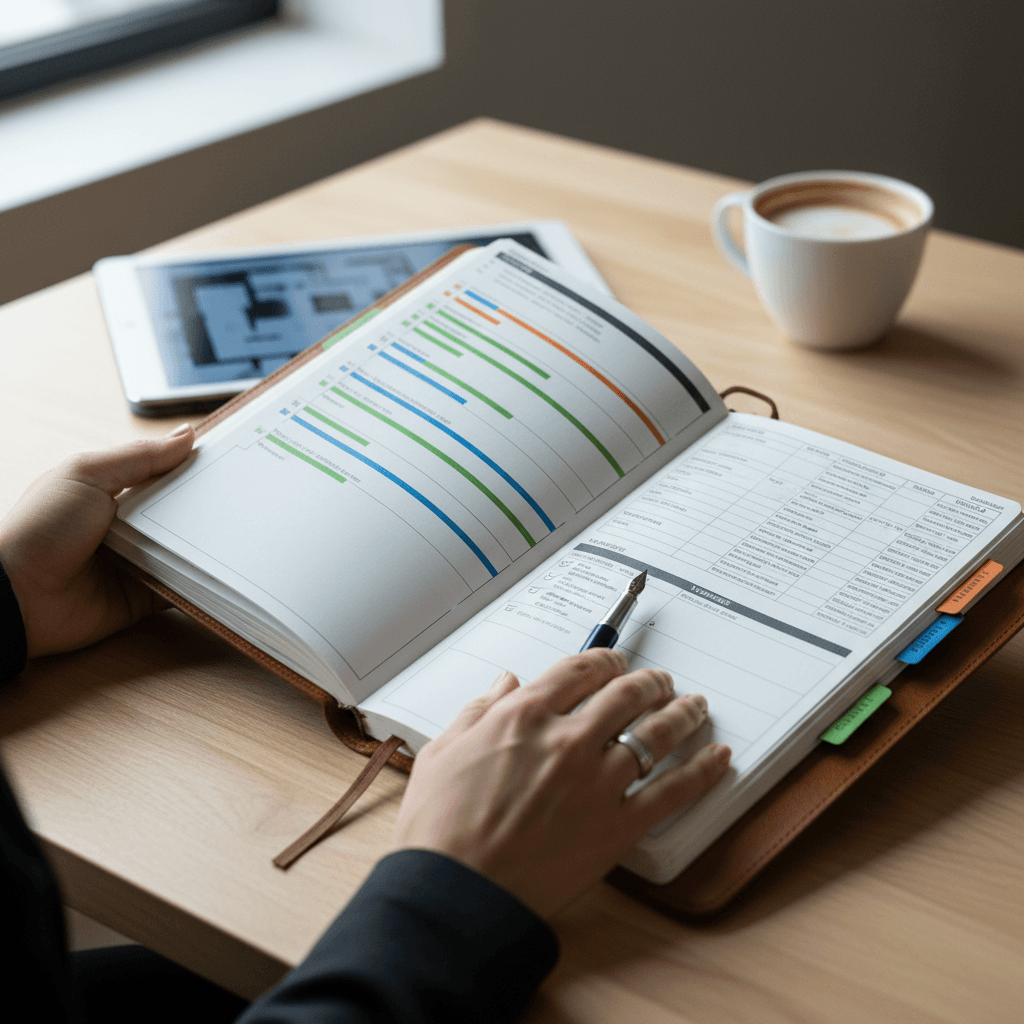 Event planner reviewing notes during a venue walkthrough