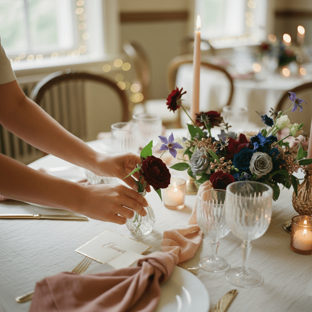 Event planner arranging table settings and place cards with a layout notebook nearby