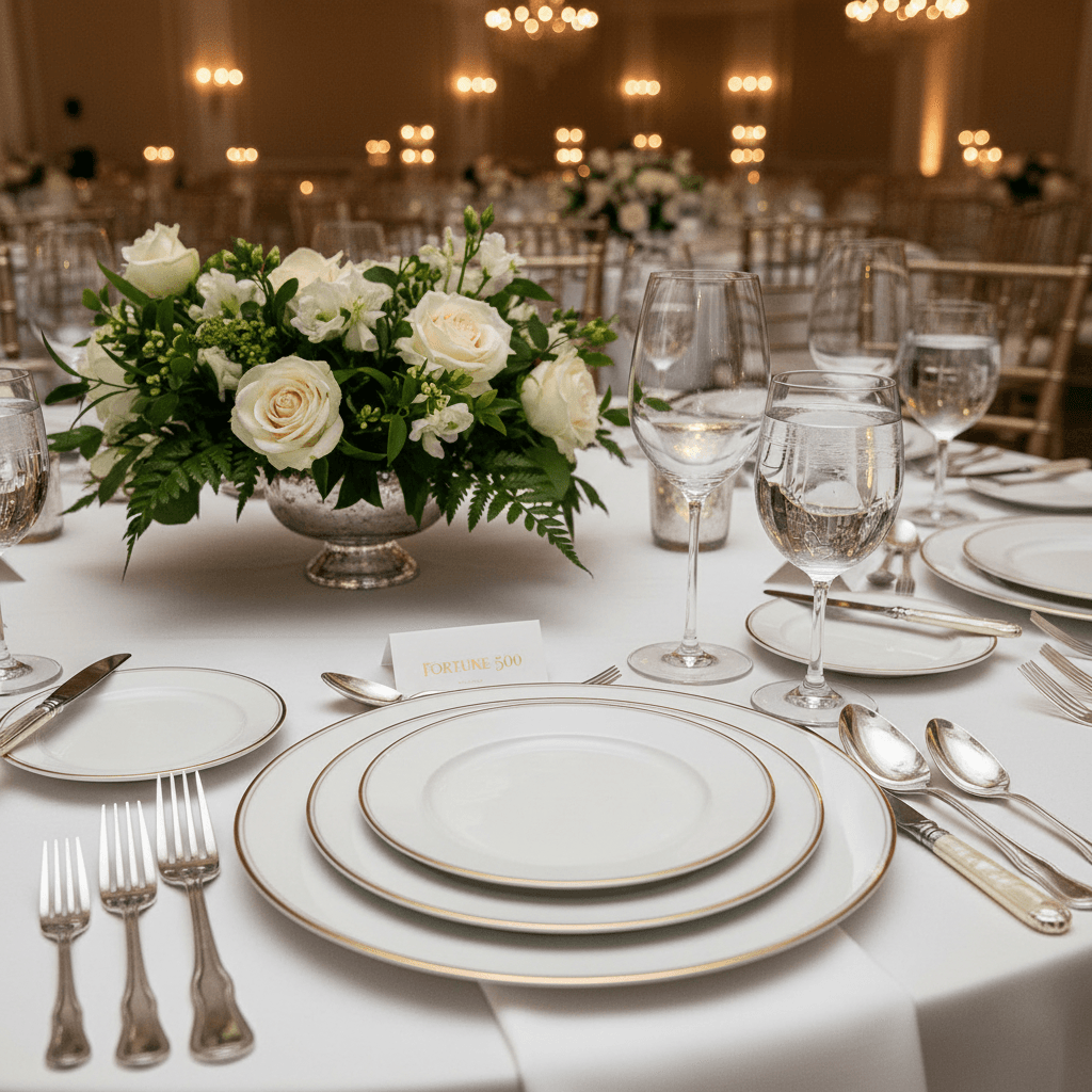 Corporate gala dinner tables with elegant linens and centerpieces