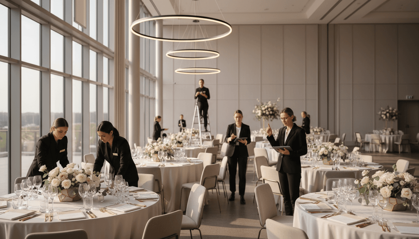 Coordinator reviewing event timeline at a reception setup
