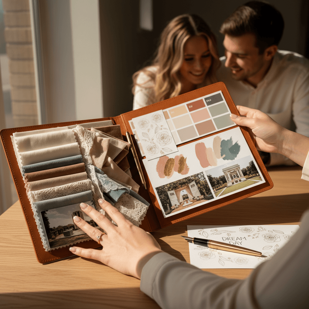 Event planner and client reviewing a detailed event plan with fabric swatches and venue photos