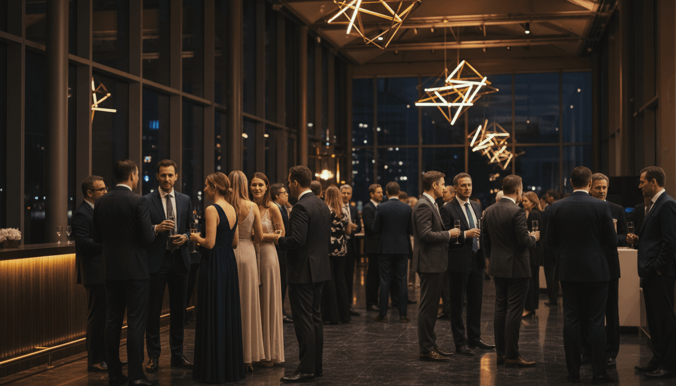 Corporate event stage and seating with branded decor