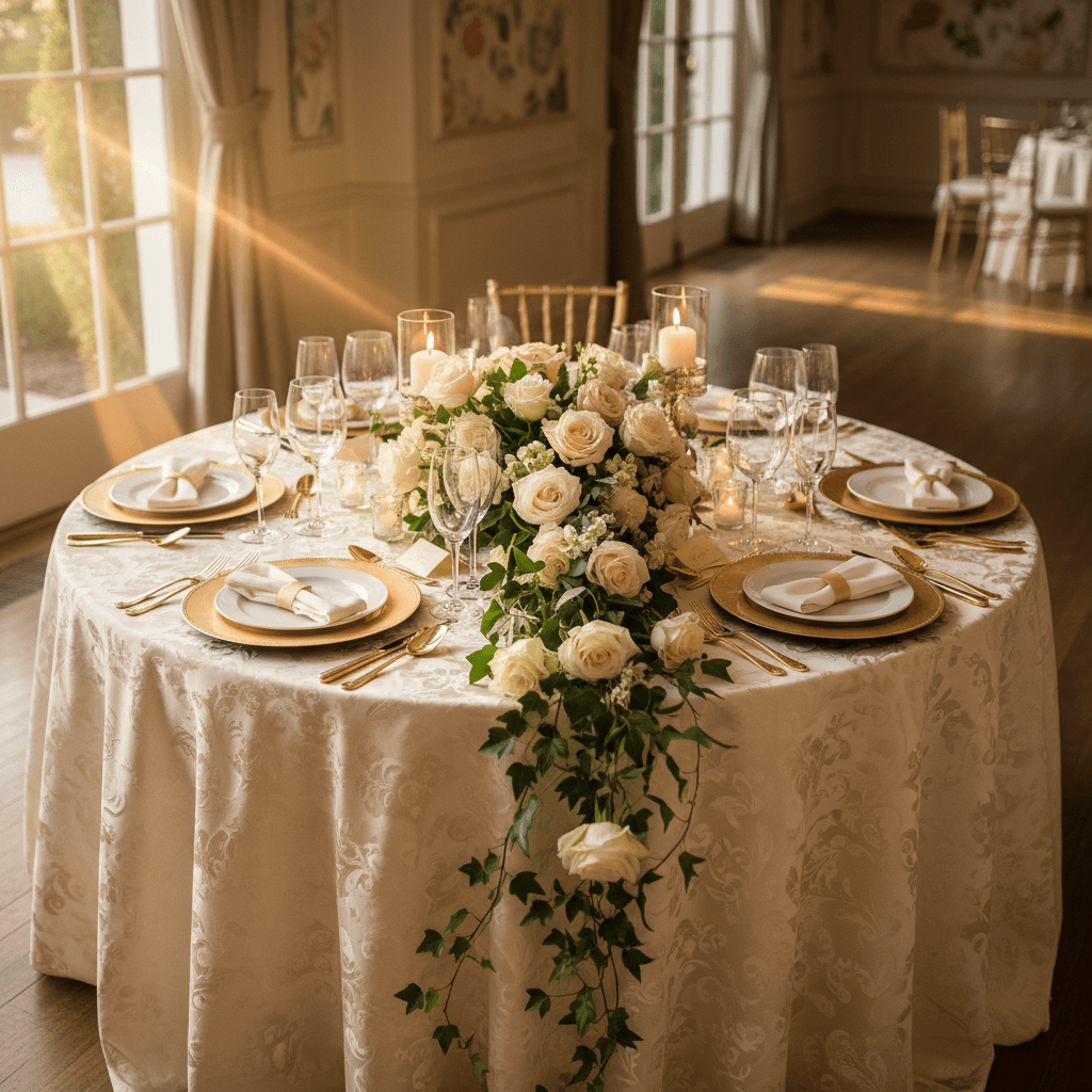 Event planner arranging floral centerpiece on a beautifully set table